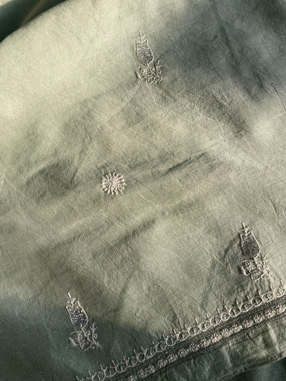 Green Silver Tissue Chikankari Mens Kurta Sale price
