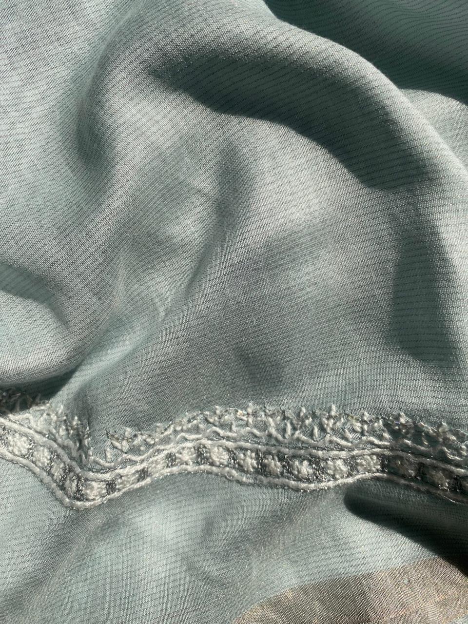 Blue Silver Tissue Chikankari Mens Kurta Sale price