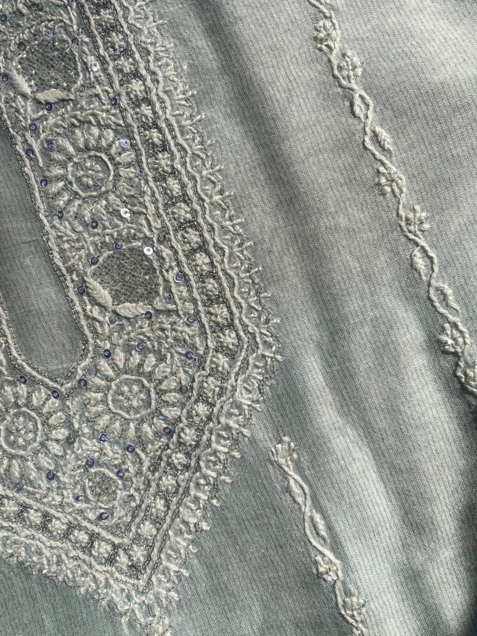 Blue Silver Tissue Chikankari Mens Kurta Sale price