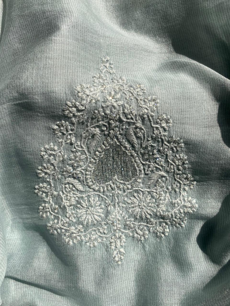 Blue Silver Tissue Chikankari Mens Kurta Sale price