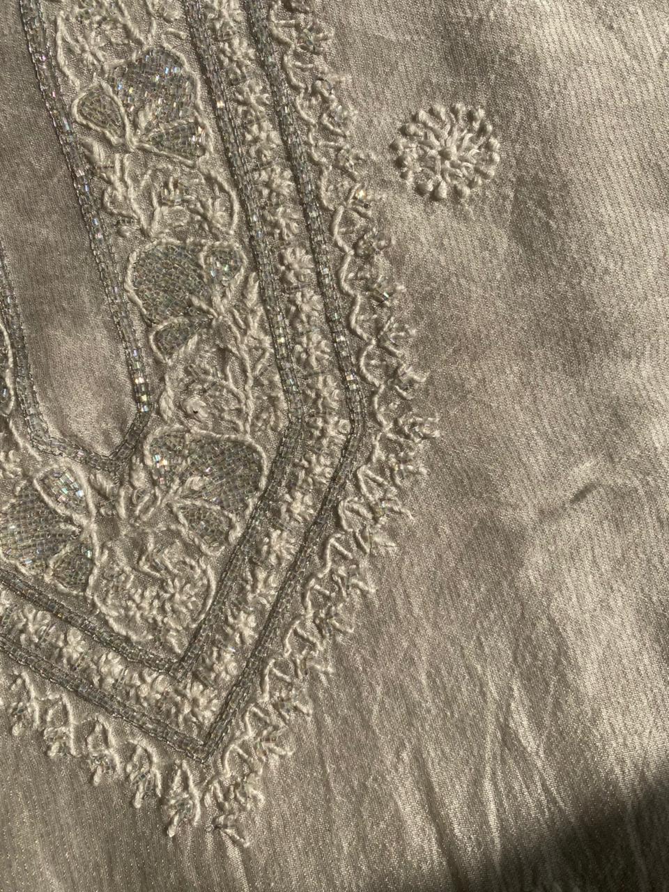 Silver Tissue Chikankari Mens Kurta Sale price