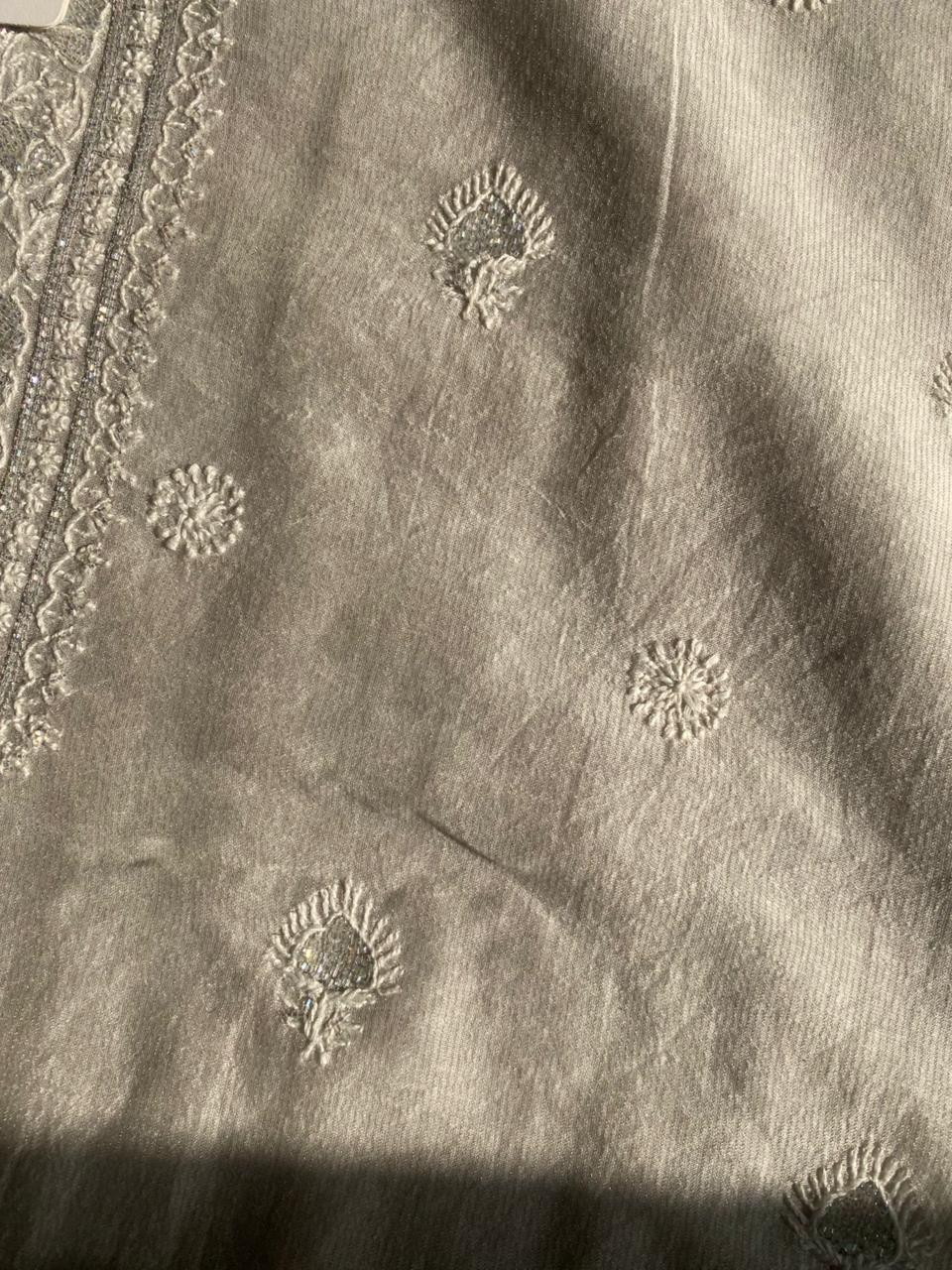 Silver Tissue Chikankari Mens Kurta Sale price