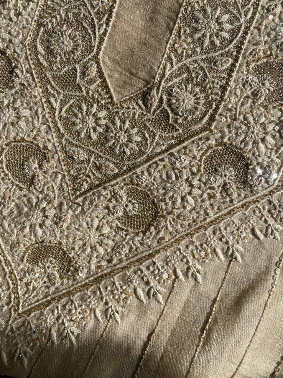 Beige Moonga Silk Chikankari Mens Kurta