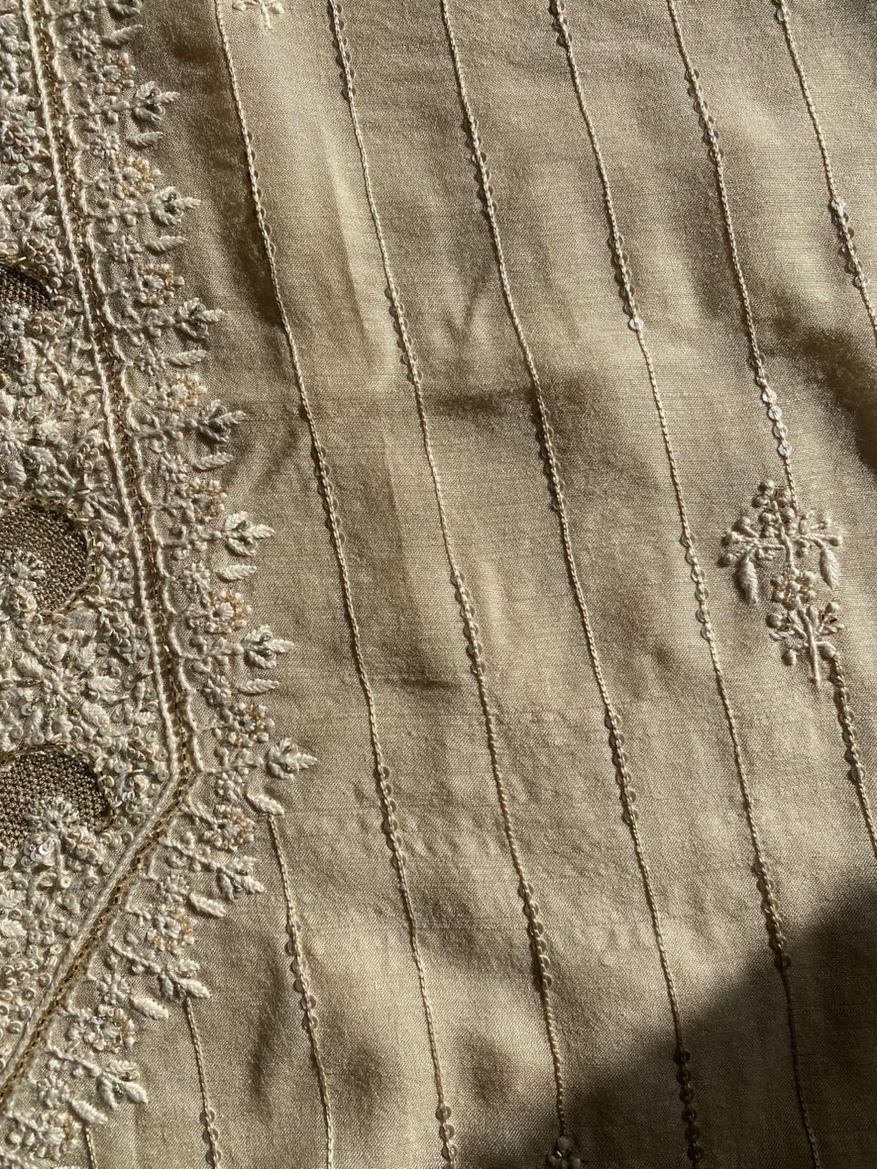 Beige Moonga Silk Chikankari Mens Kurta
