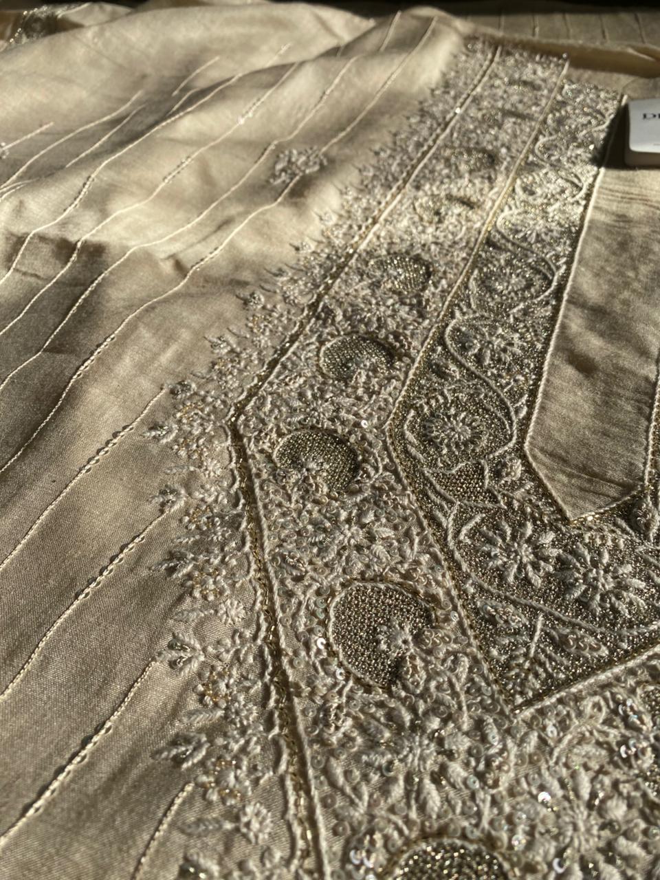 Beige Moonga Silk Chikankari Mens Kurta