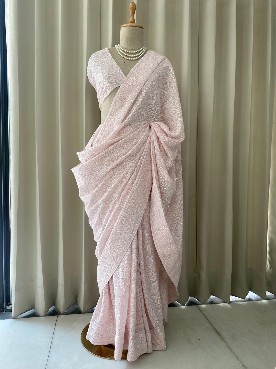 Blush Pink Georgette Saree with Tassels