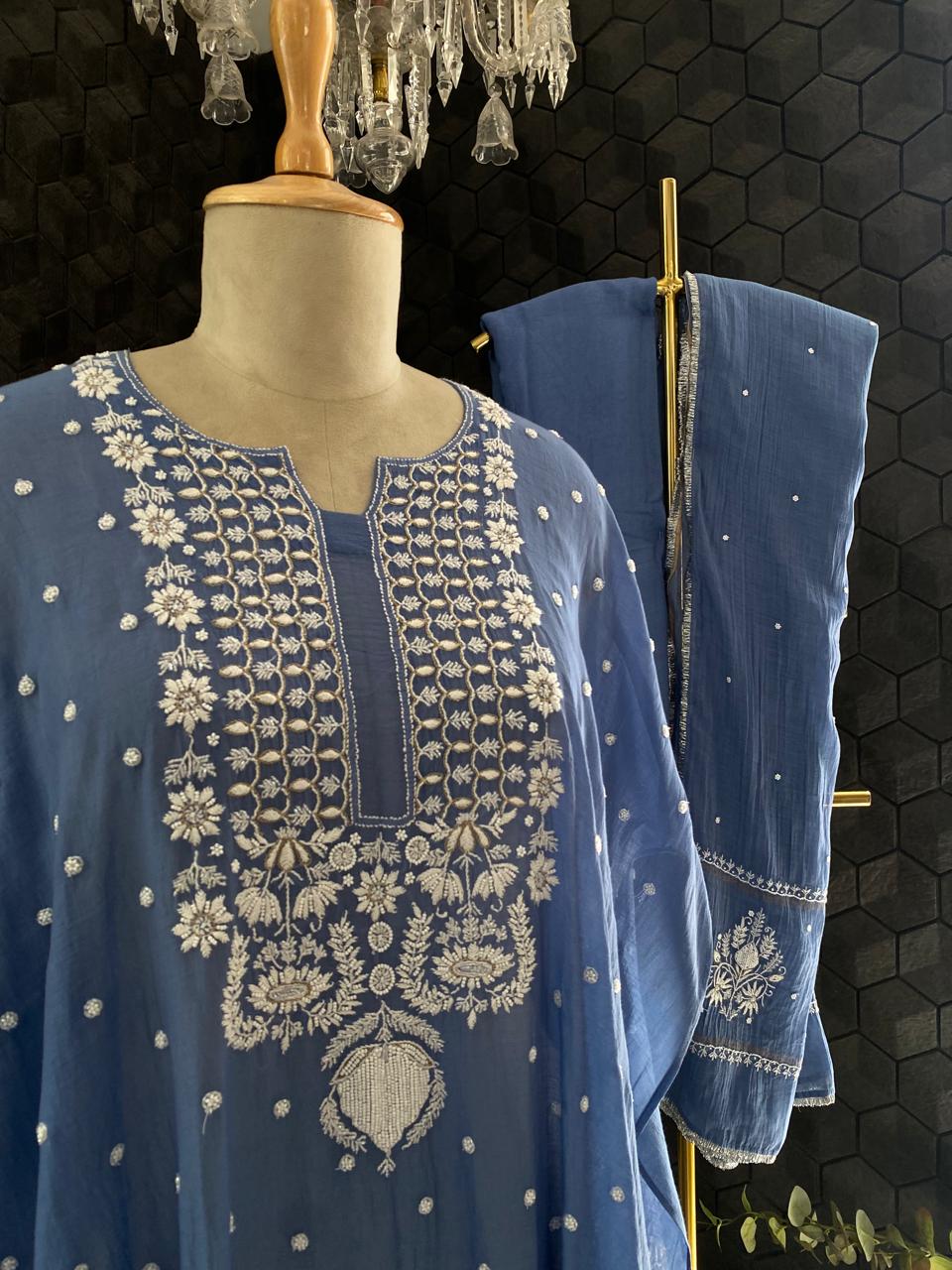 Blue Mul Chanderi Chikankari Kurta Set