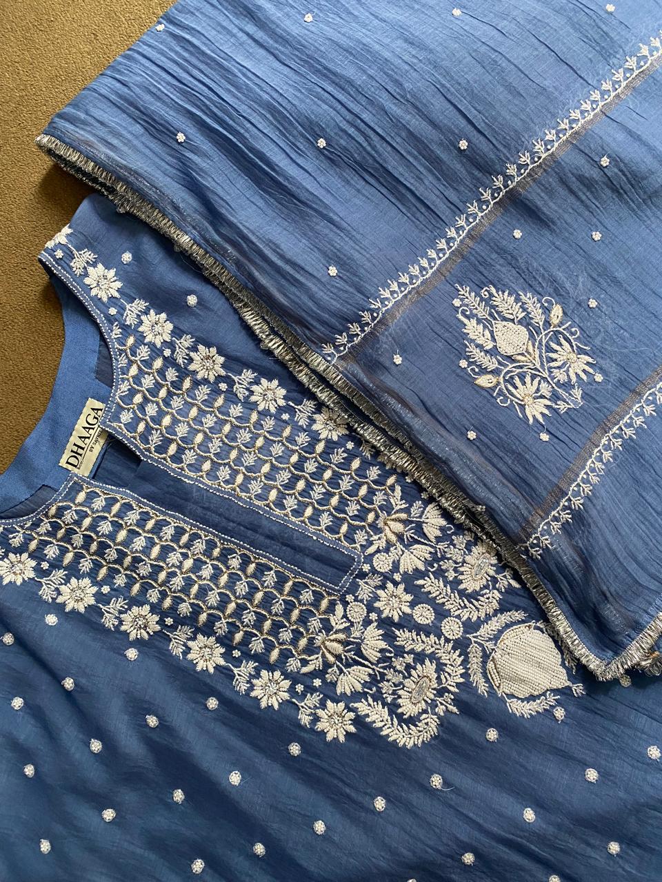 Blue Mul Chanderi Chikankari Kurta Set