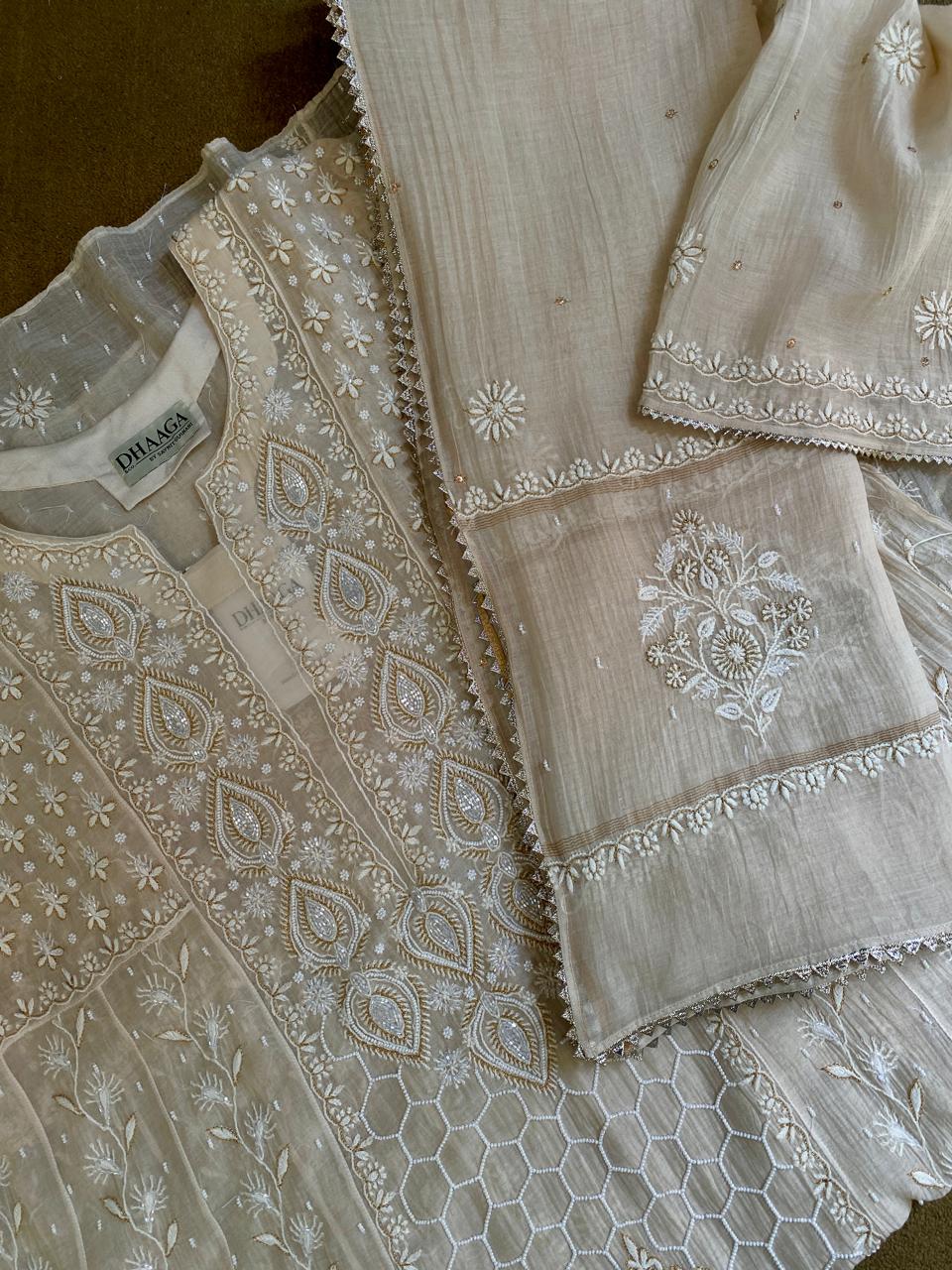 Beige Mul Chanderi Chikankari Kurta Set