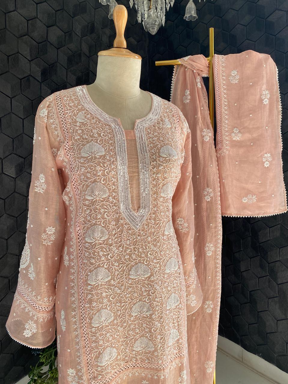 Peach and Golden Stripe Chikankari Kurta Set
