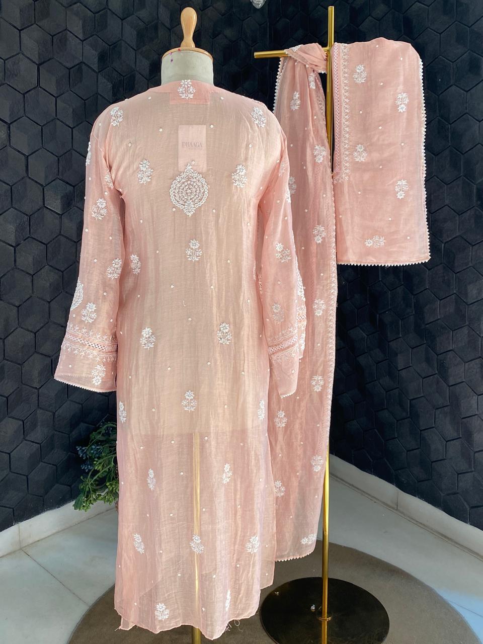 Peach and Golden Stripe Chikankari Kurta Set
