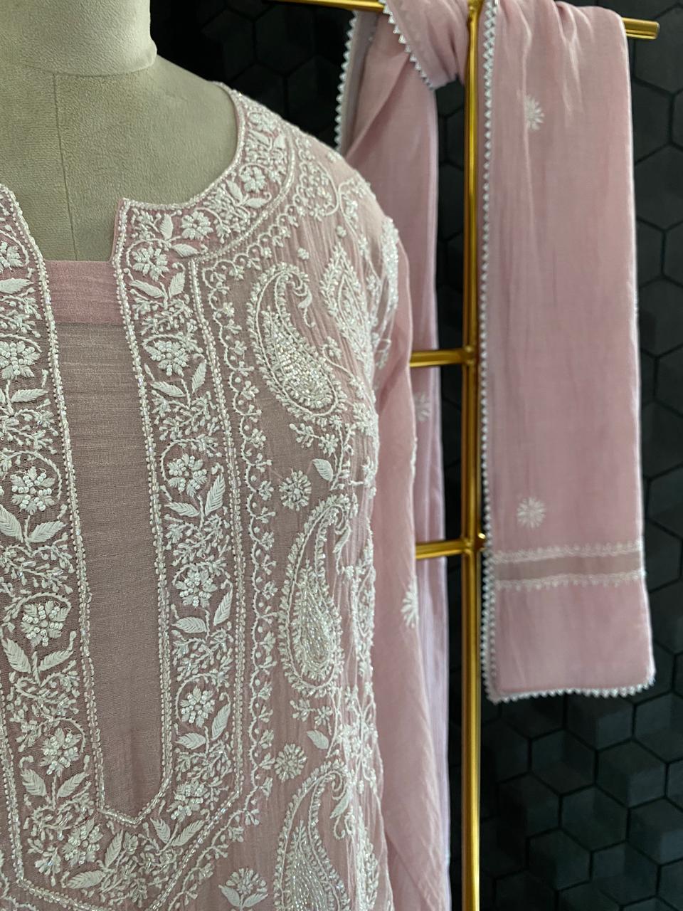 Pink Silver Tissue Chikankari Kurta Set