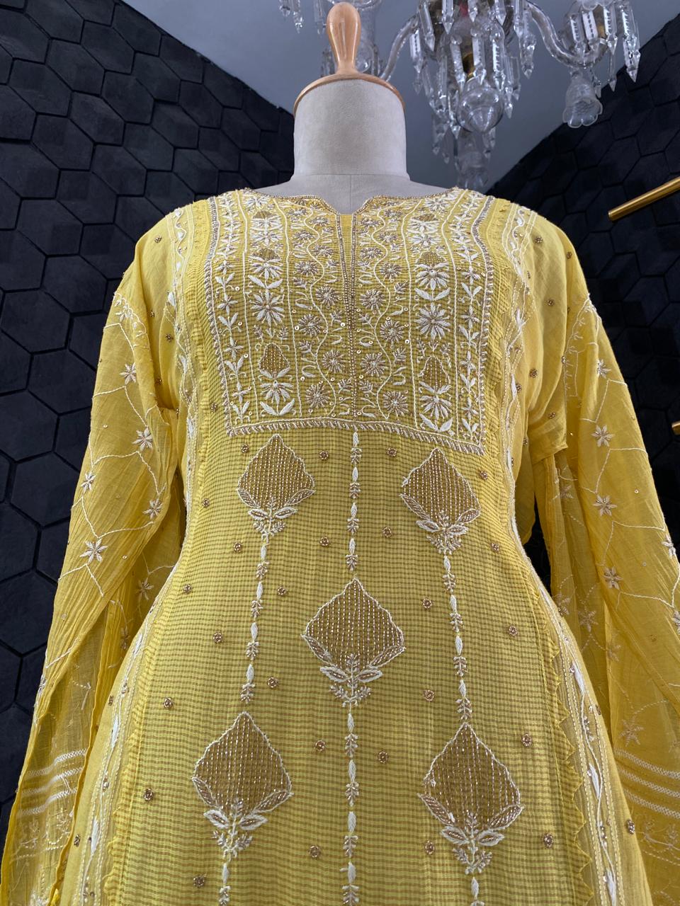 Yellow Tissue Chikankari Kurta Set