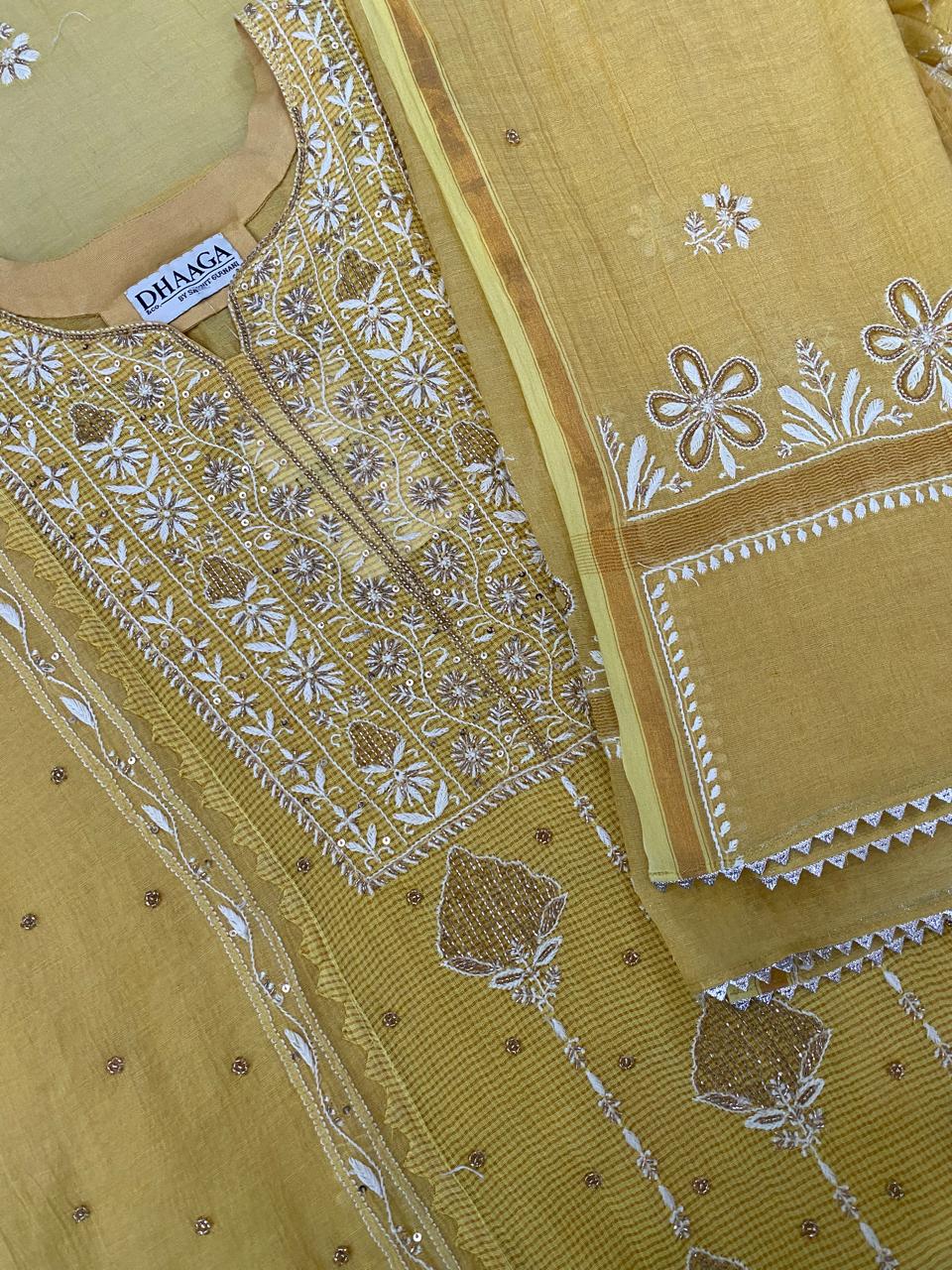 Yellow Tissue Chikankari Kurta Set