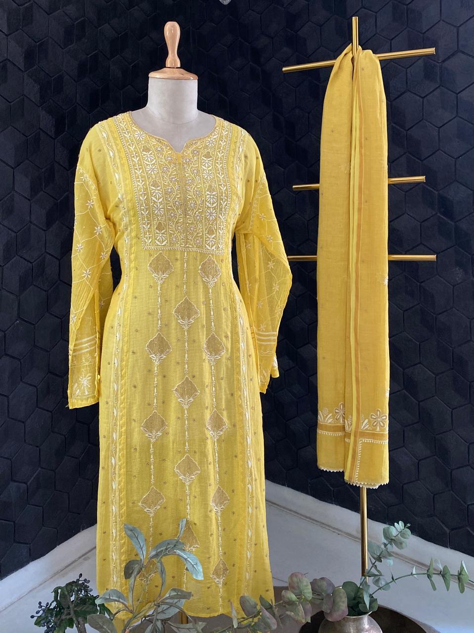 Yellow Tissue Chikankari Kurta Set
