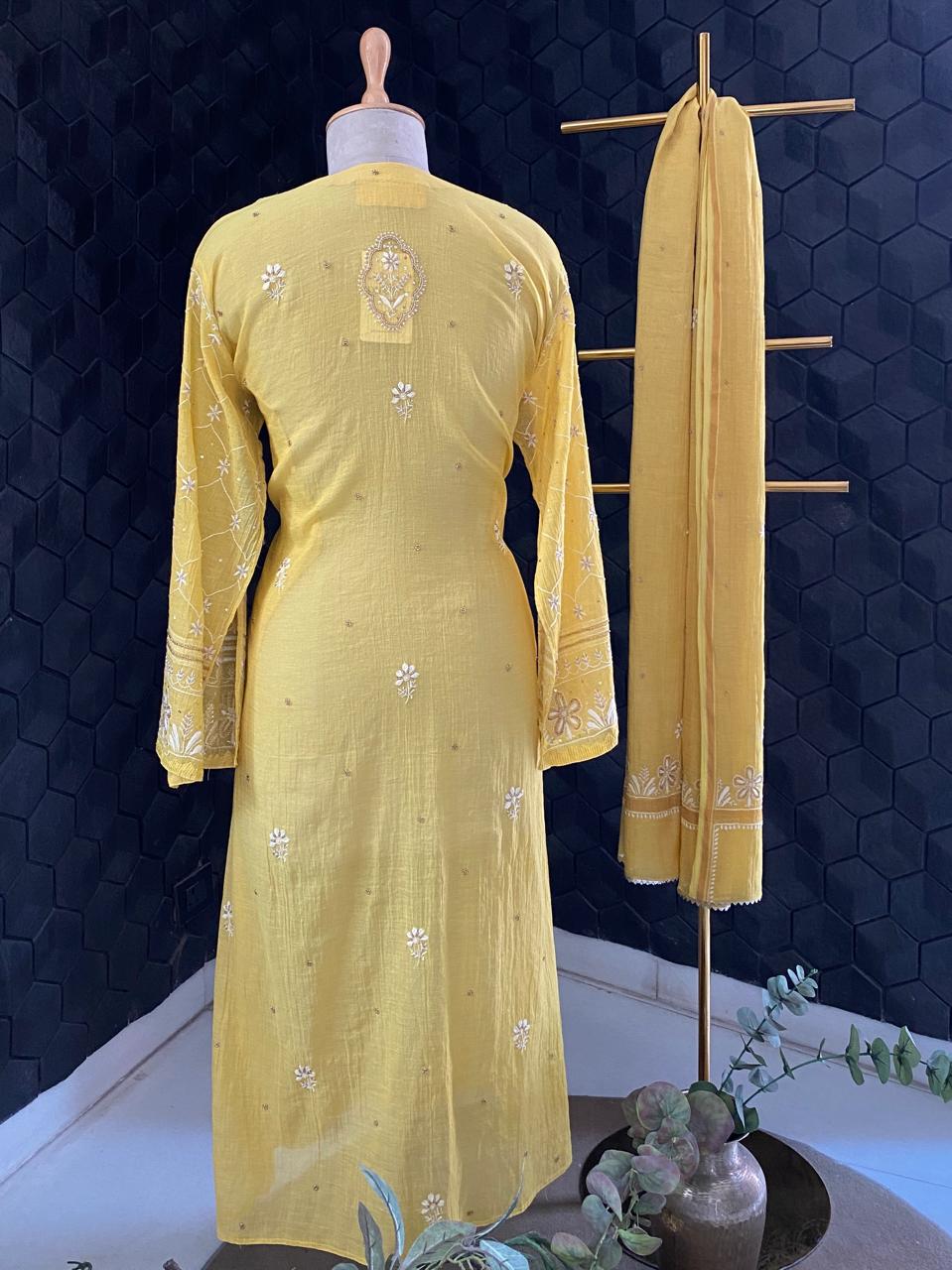 Yellow Tissue Chikankari Kurta Set