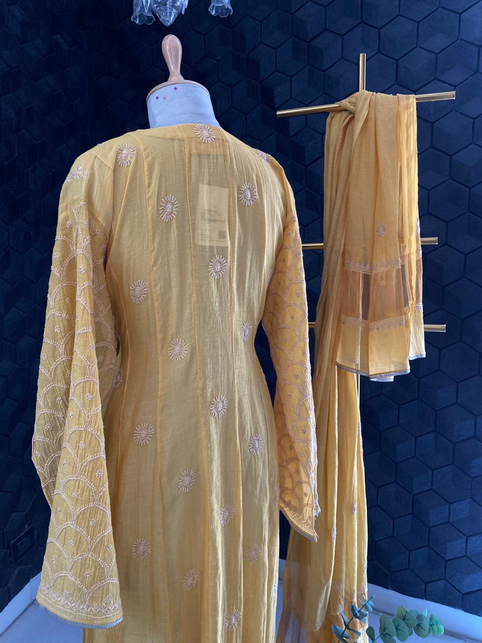 Yellow Tissue Chikankari Anarkali Set