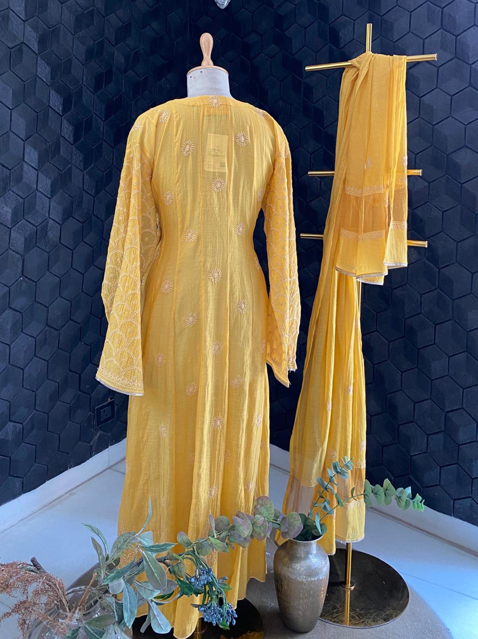 Yellow Tissue Chikankari Anarkali Set