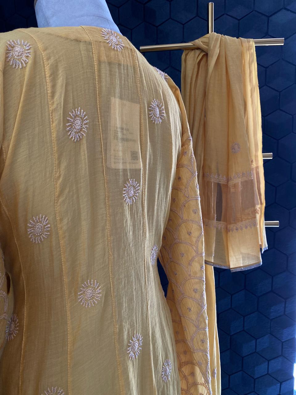 Yellow Tissue Chikankari Anarkali Set