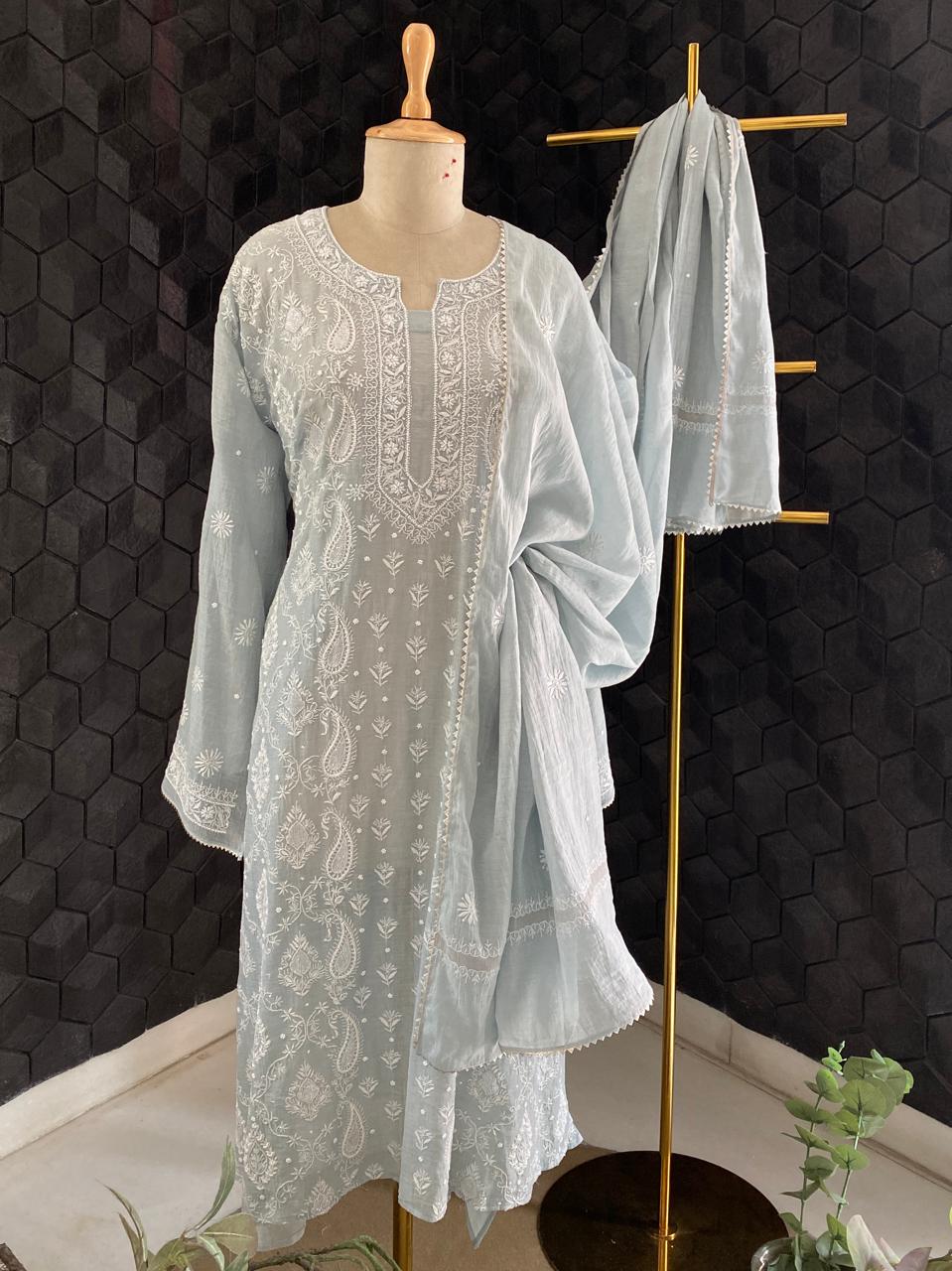 Powder Blue Tissue Chikankari Kurta Set