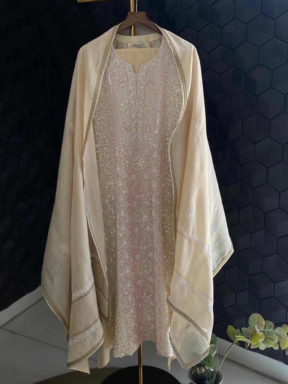 Beige Munga Silk Chikankari Kurta Set
