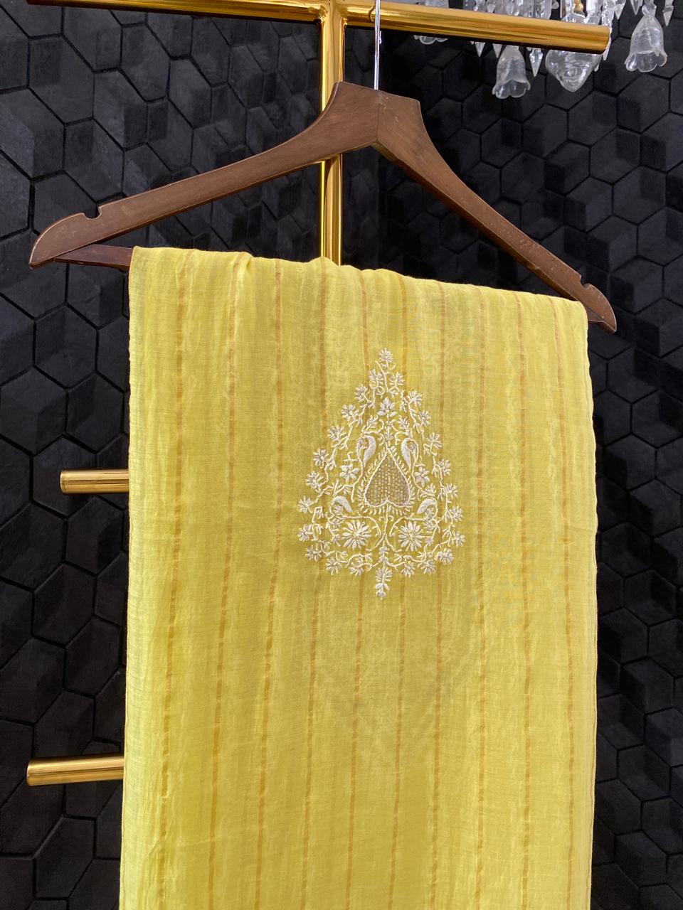 Yellow Mul Chanderi Chikankari Mens kurta