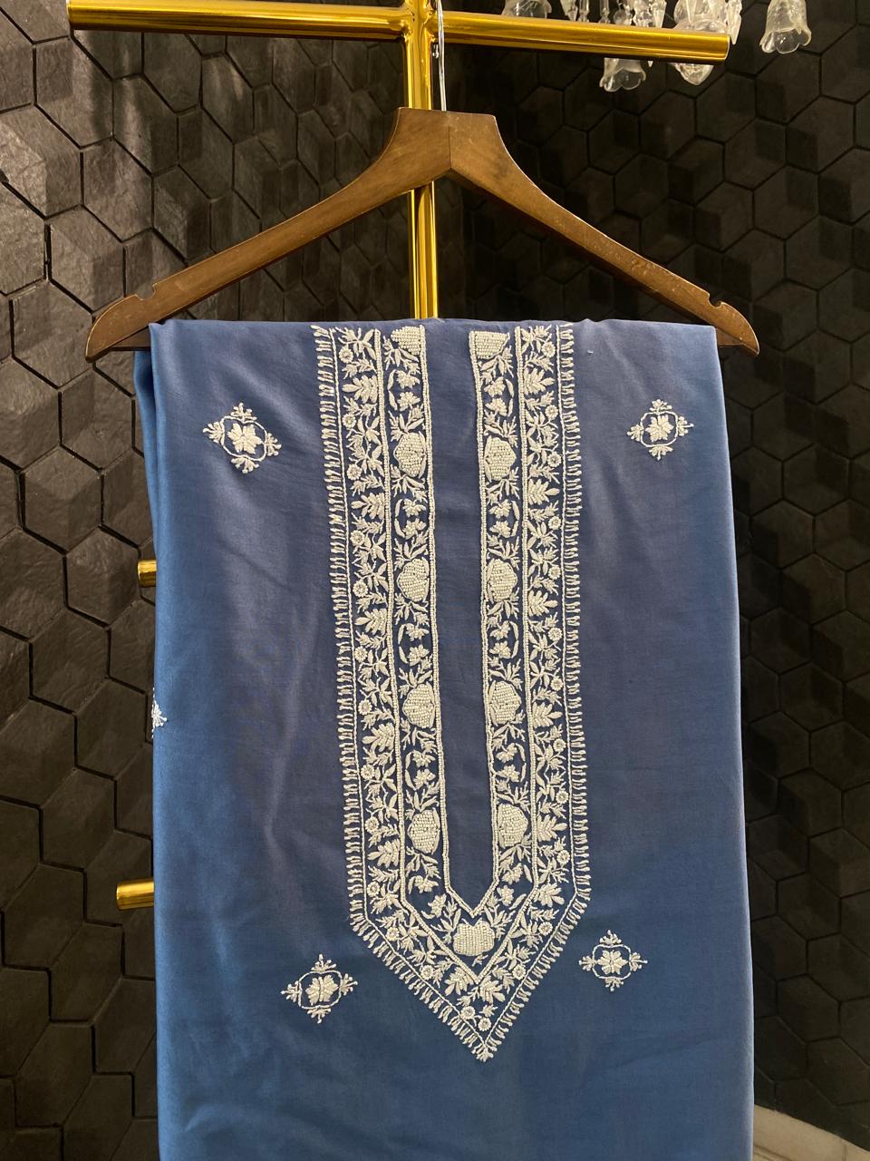Cobalt Blue Mul Chanderi Chikankari Mens Kurta