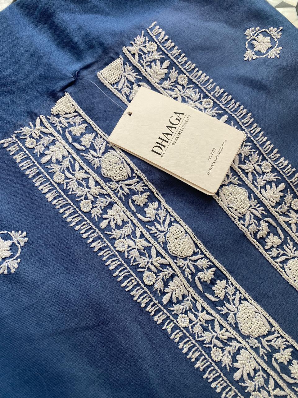 Cobalt Blue Mul Chanderi Chikankari Mens Kurta