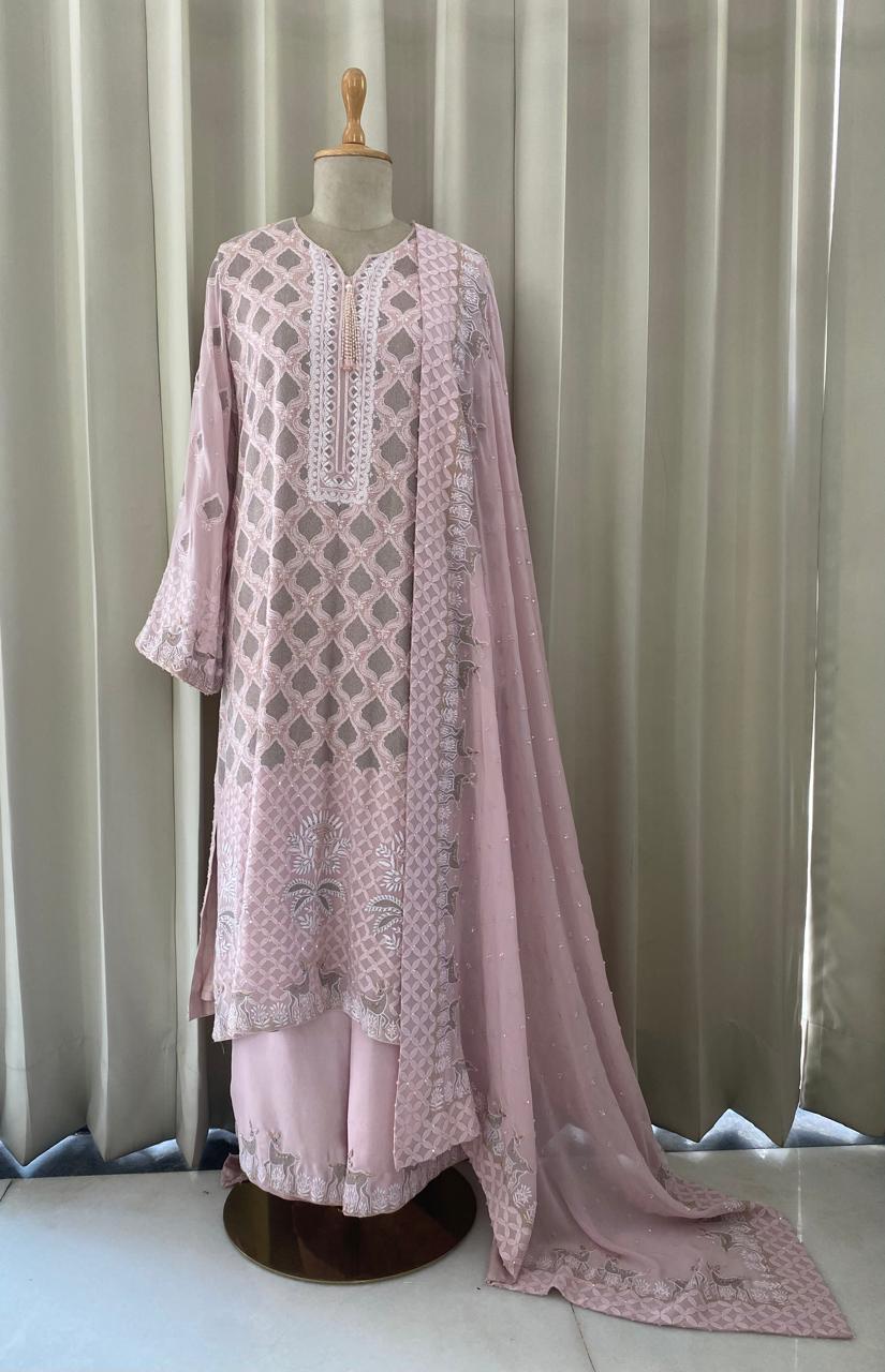Pink Georgette Kasab Jaal & Zardozi Deer Kurta Set
