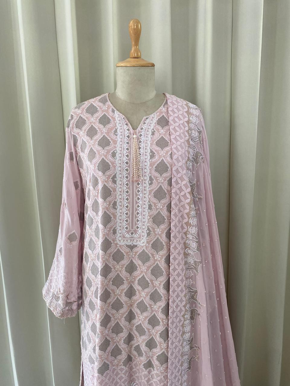 Pink Georgette Kasab Jaal & Zardozi Deer Kurta Set