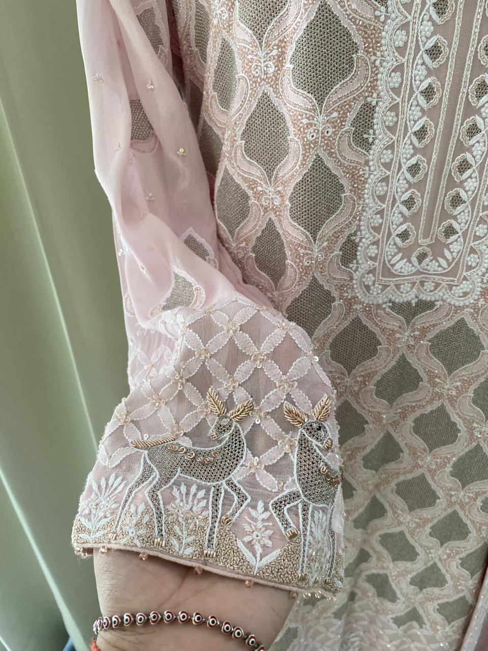 Pink Georgette Kasab Jaal & Zardozi Deer Kurta Set