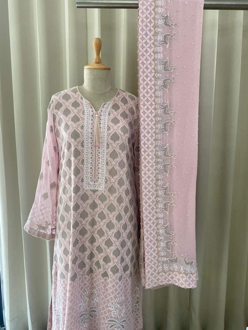 Pink Georgette Kasab Jaal & Zardozi Deer Kurta Set