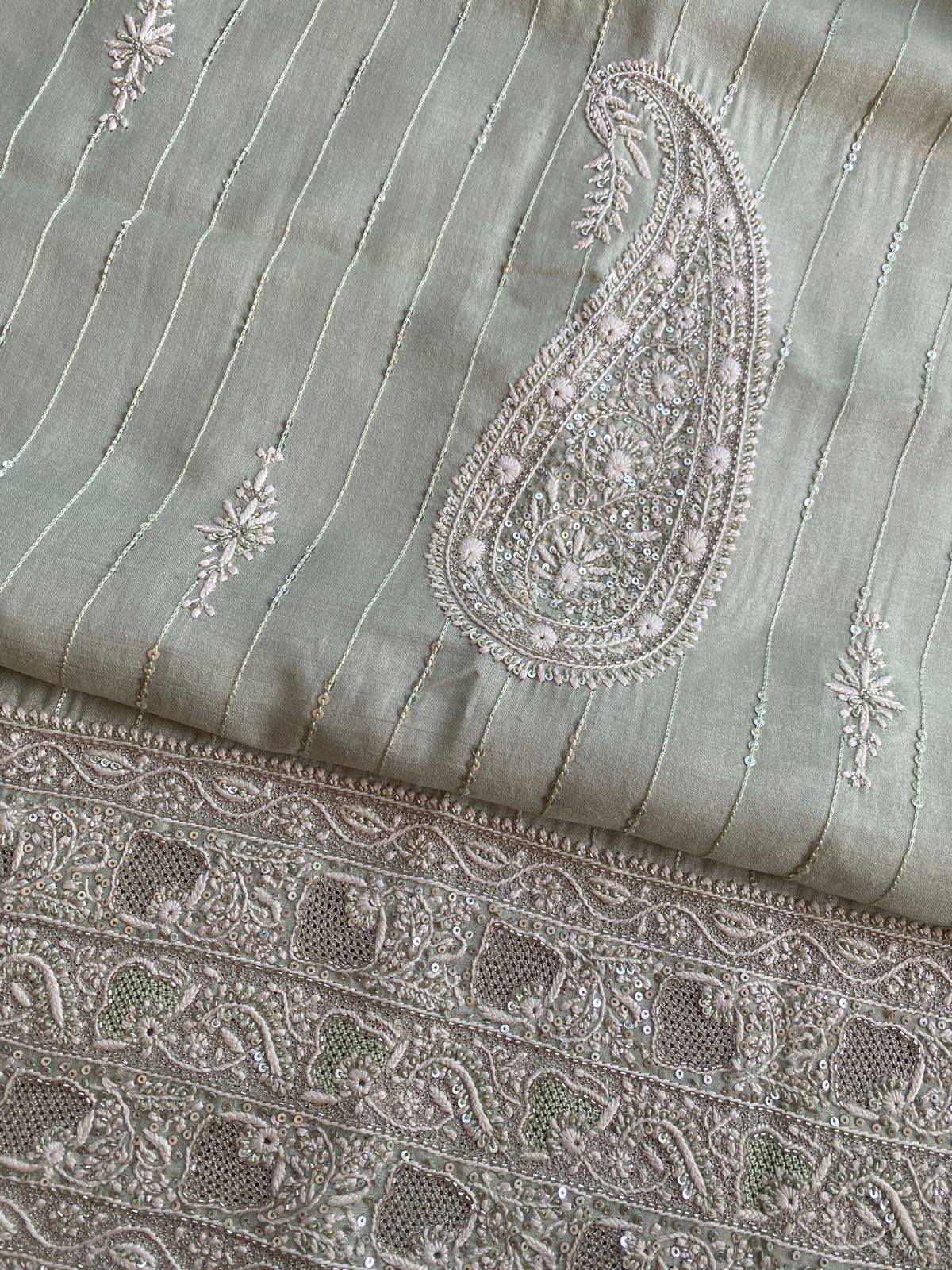 Green Moonga Silk Chikankari Mens Kurta
