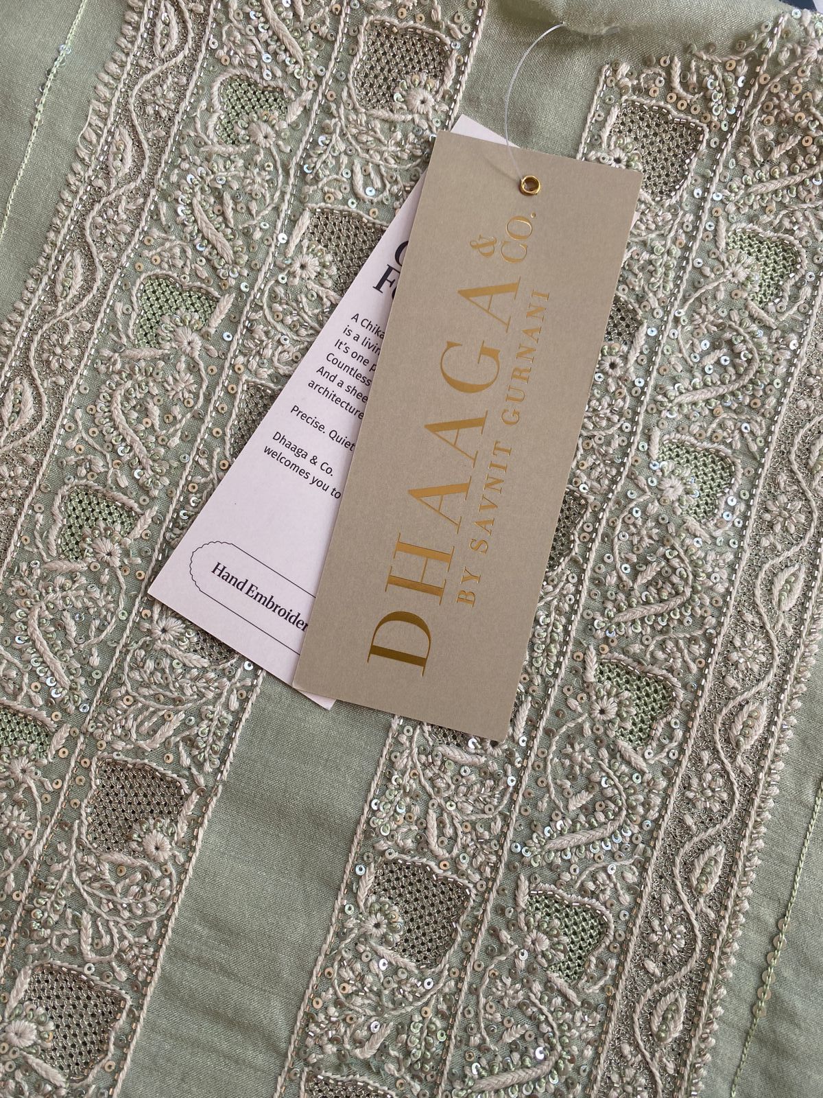 Green Moonga Silk Chikankari Mens Kurta