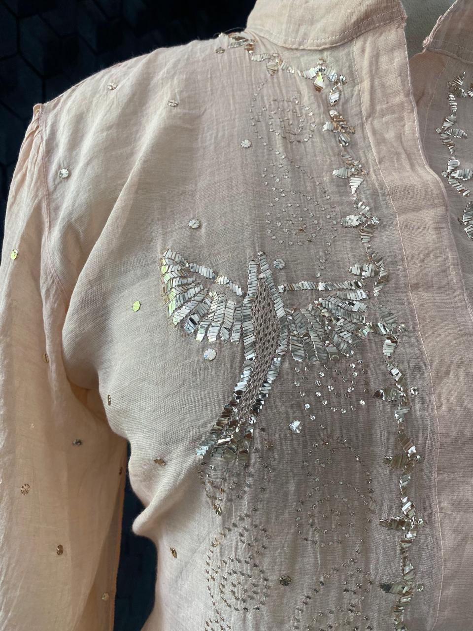 Peach Golden Tissue Mukaish Bird Design Coord set