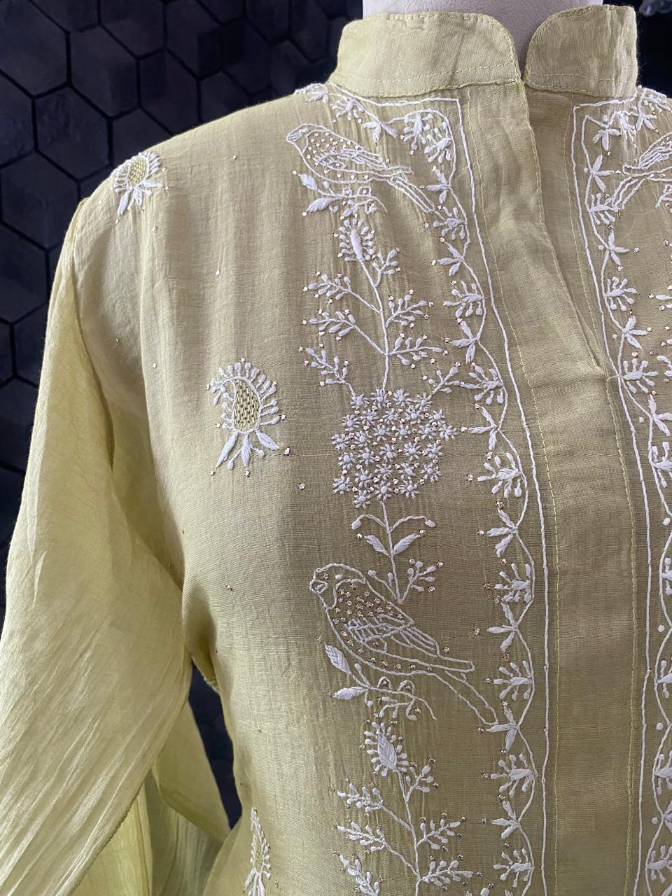 Lime Green Golden Tissue Chikankari Coord Set with Mukaish