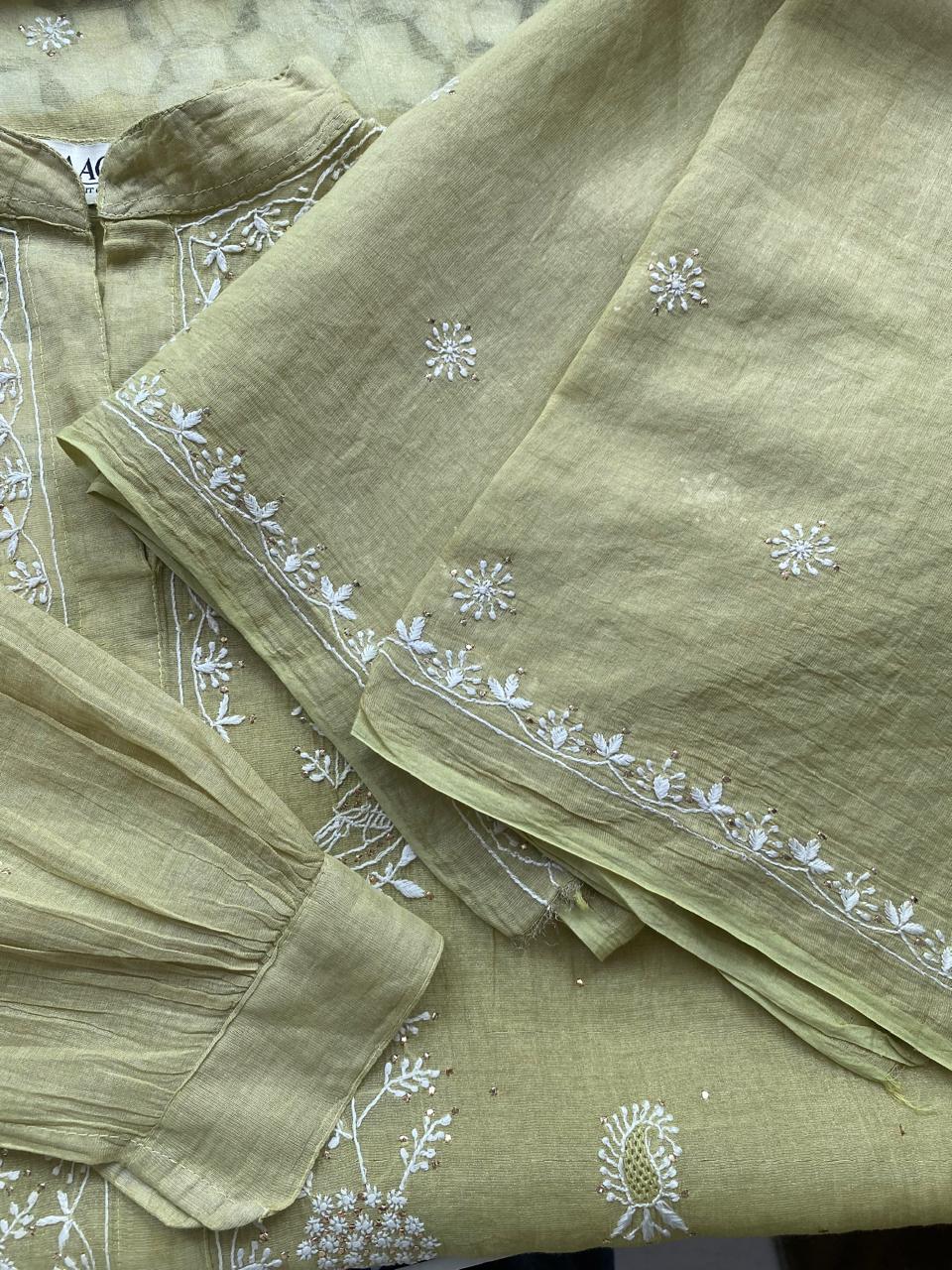 Lime Green Golden Tissue Chikankari Coord Set with Mukaish