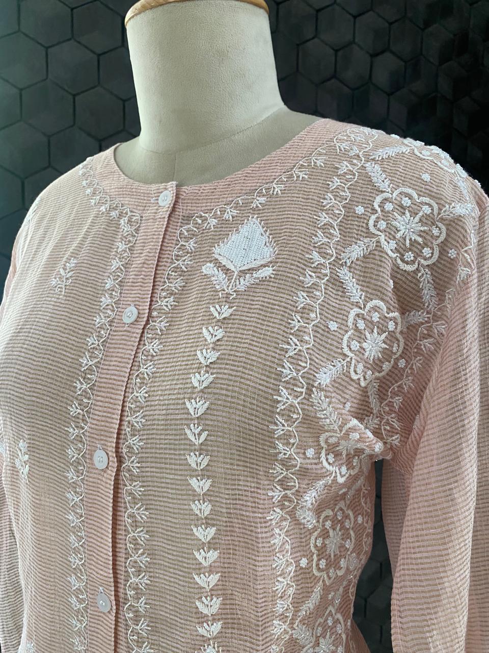 Peach Stripe Tissue Chikankari Co-ord Sets