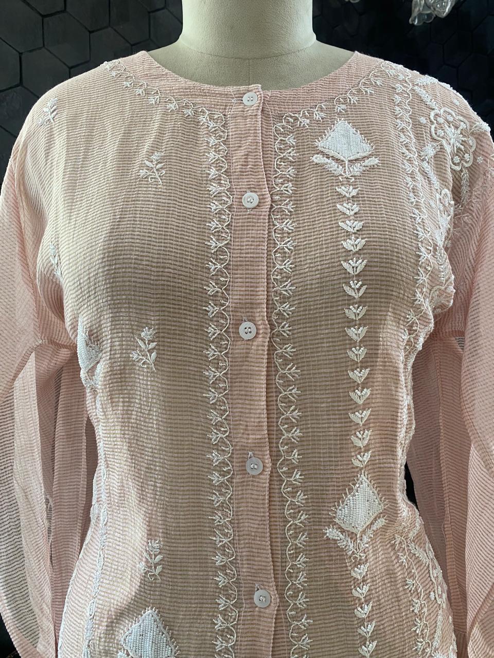 Peach Stripe Tissue Chikankari Co-ord Sets