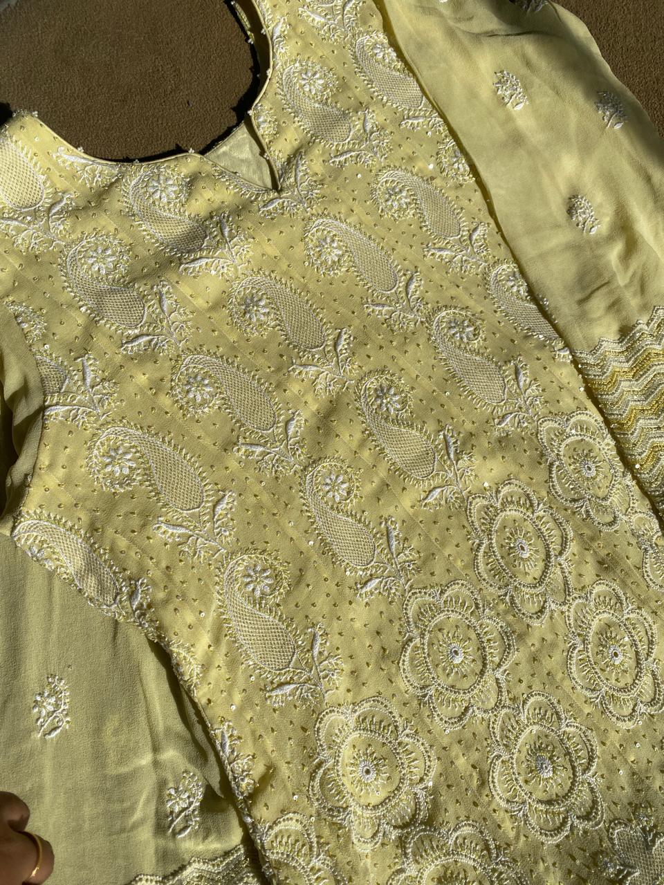 Yellow Georgette Chikankari Anarkali Set with Aari Embroidery