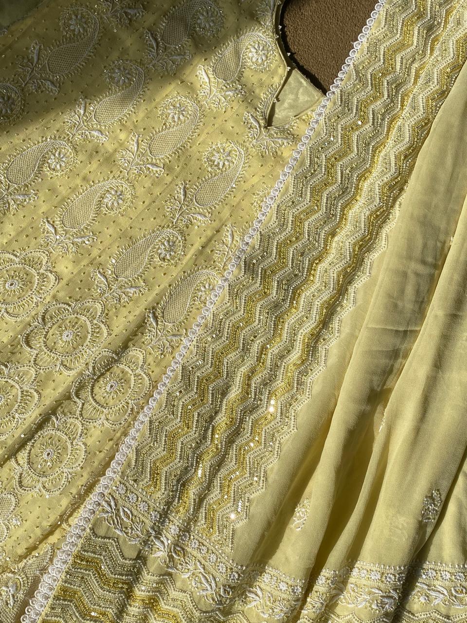 Yellow Georgette Chikankari Anarkali Set with Aari Embroidery