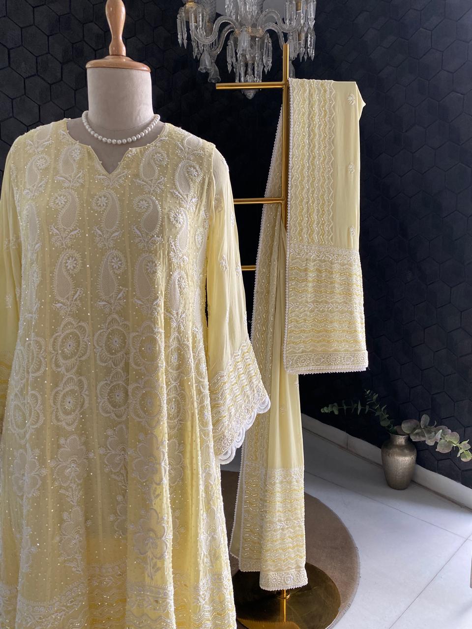 Yellow Georgette Chikankari Anarkali Set with Aari Embroidery