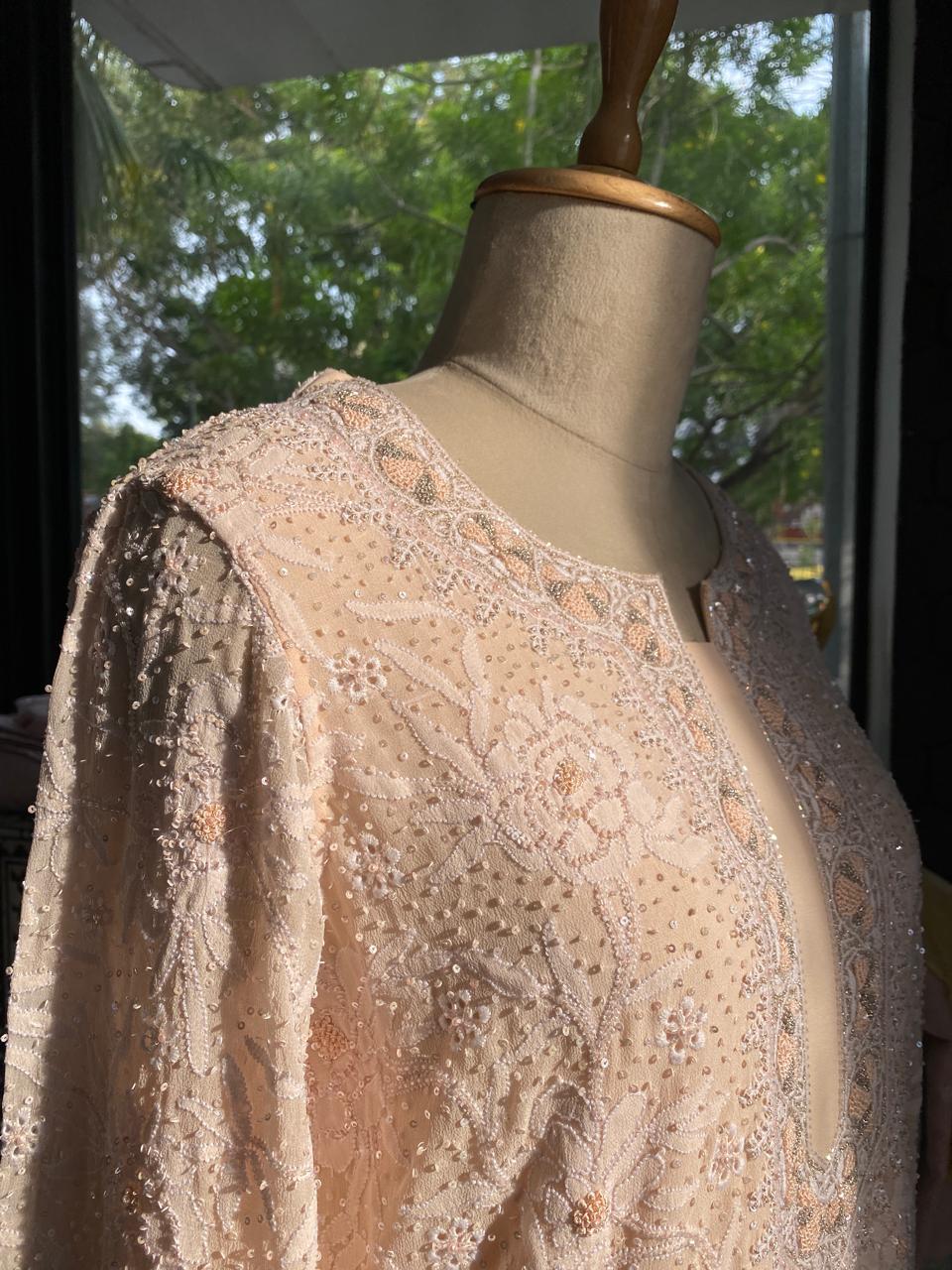 Peach Rose Georgette Chikankari Heavy Dupatta Set
