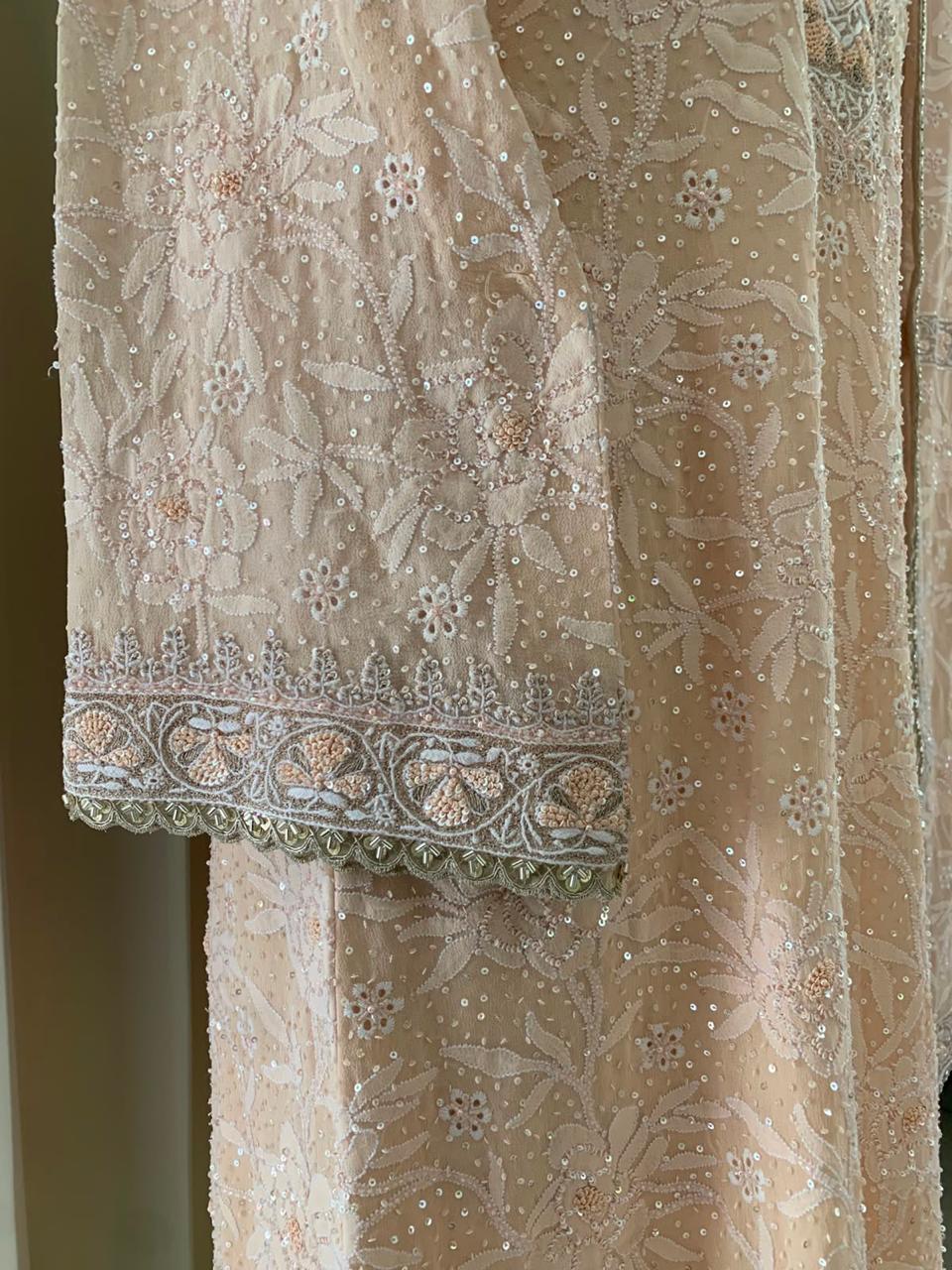 Peach Rose Georgette Chikankari Heavy Dupatta Set
