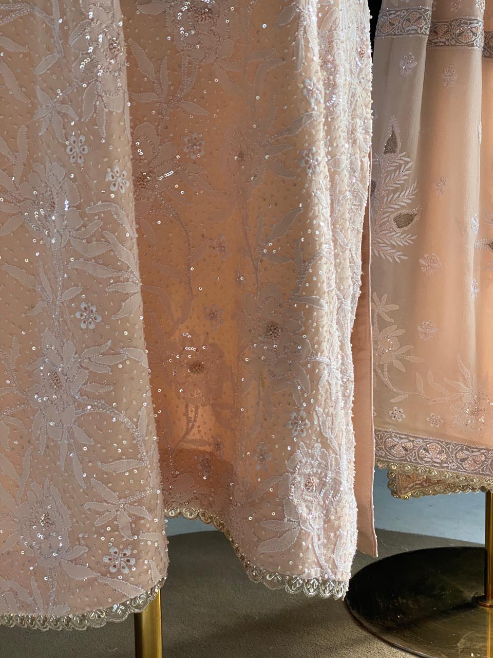 Peach Rose Georgette Chikankari Heavy Dupatta Set