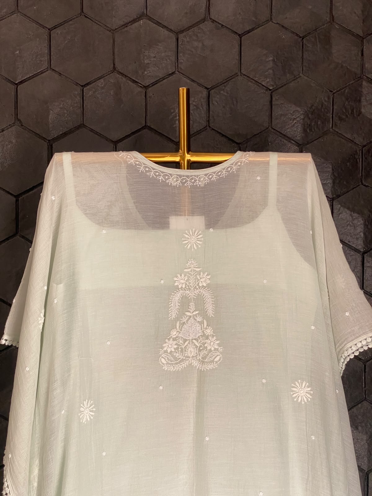 Sea Green Mul Chanderi Chikankari Kaftan