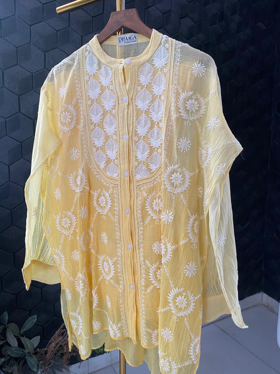 Yellow Mul Chanderi Chikankari Co-ord set