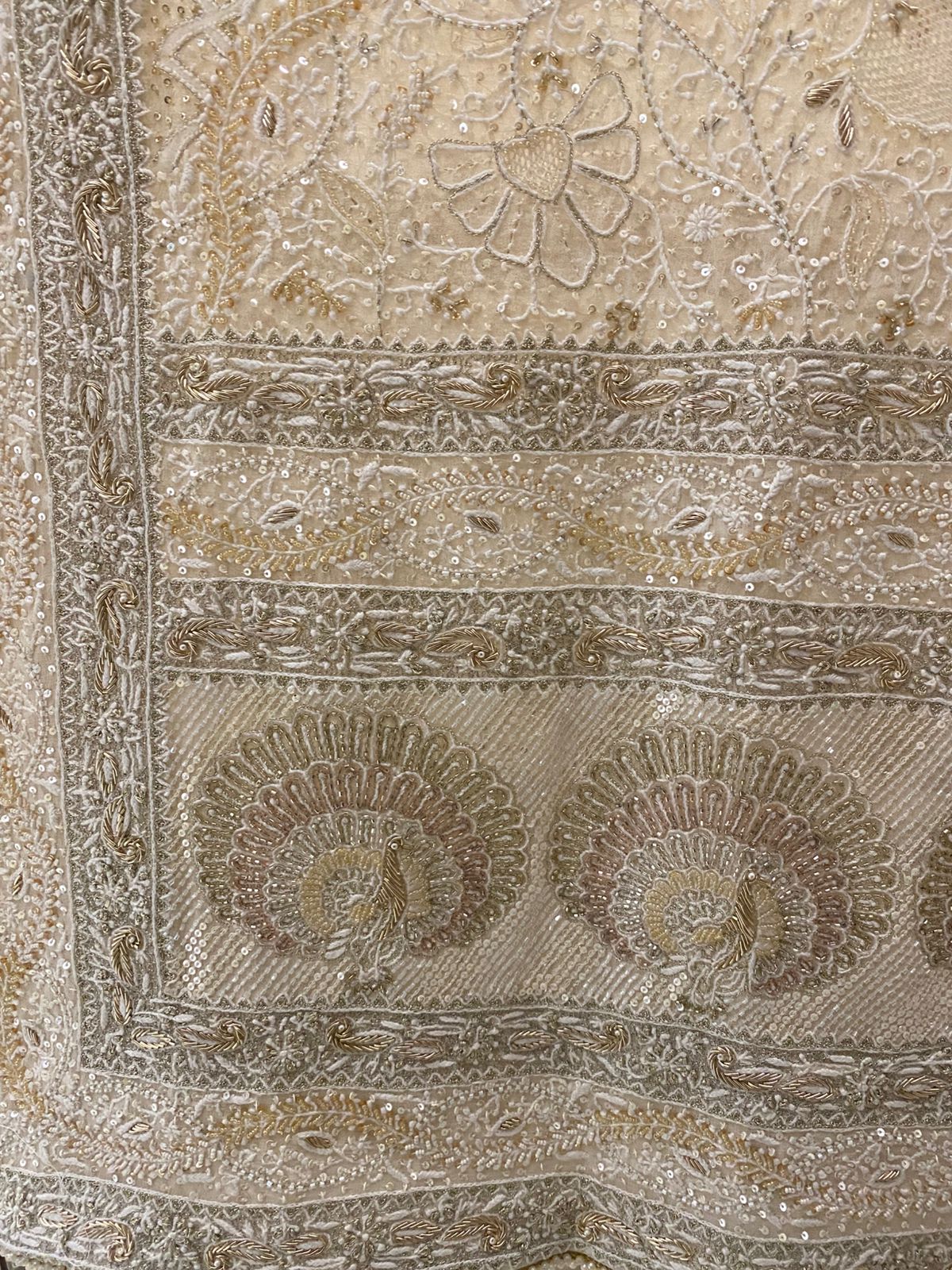 Ivory Gold Chikankari Jaal Peacock Motif Dupatta