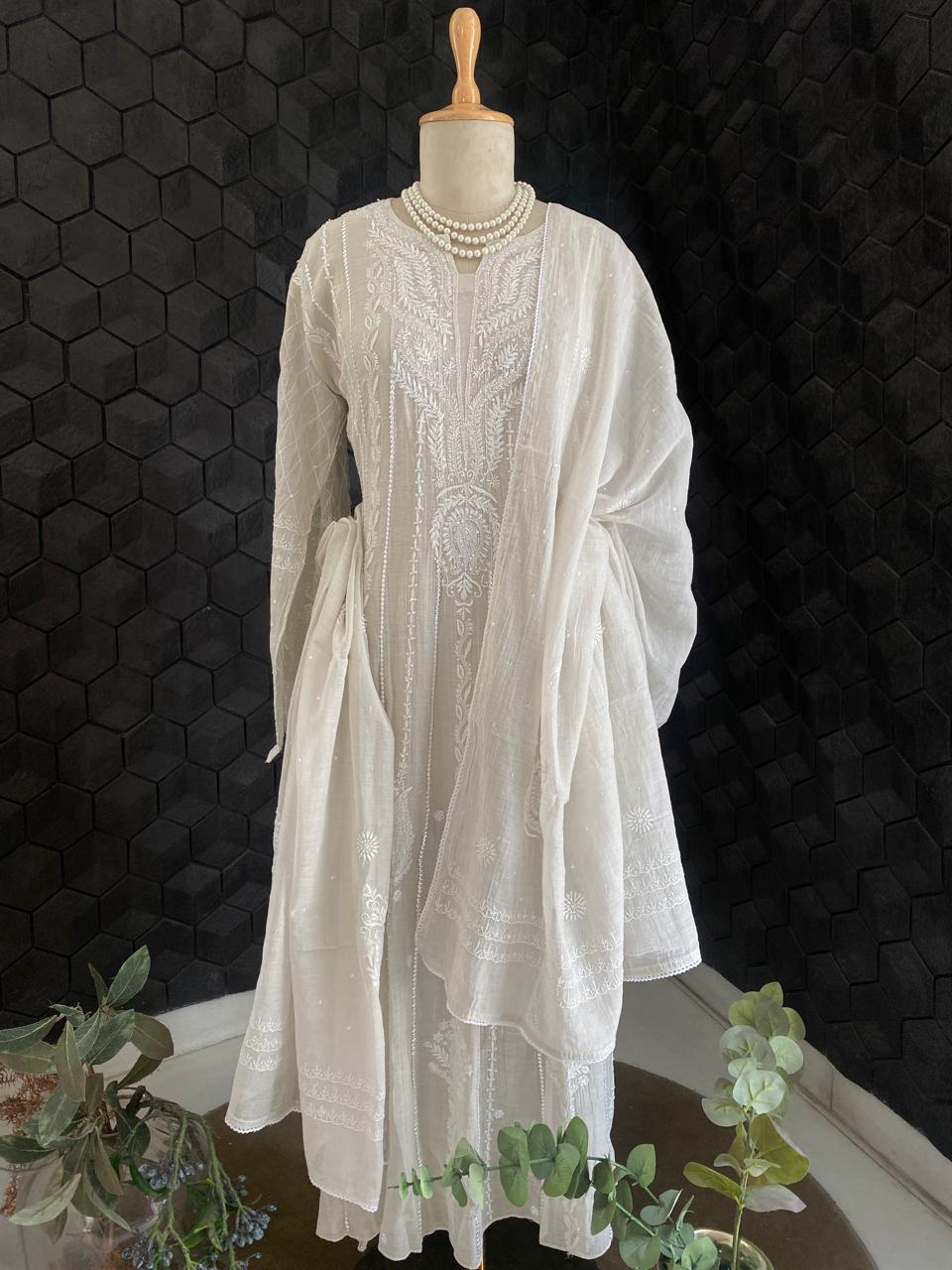 Silver Tissue Anarkali Set With Sequins