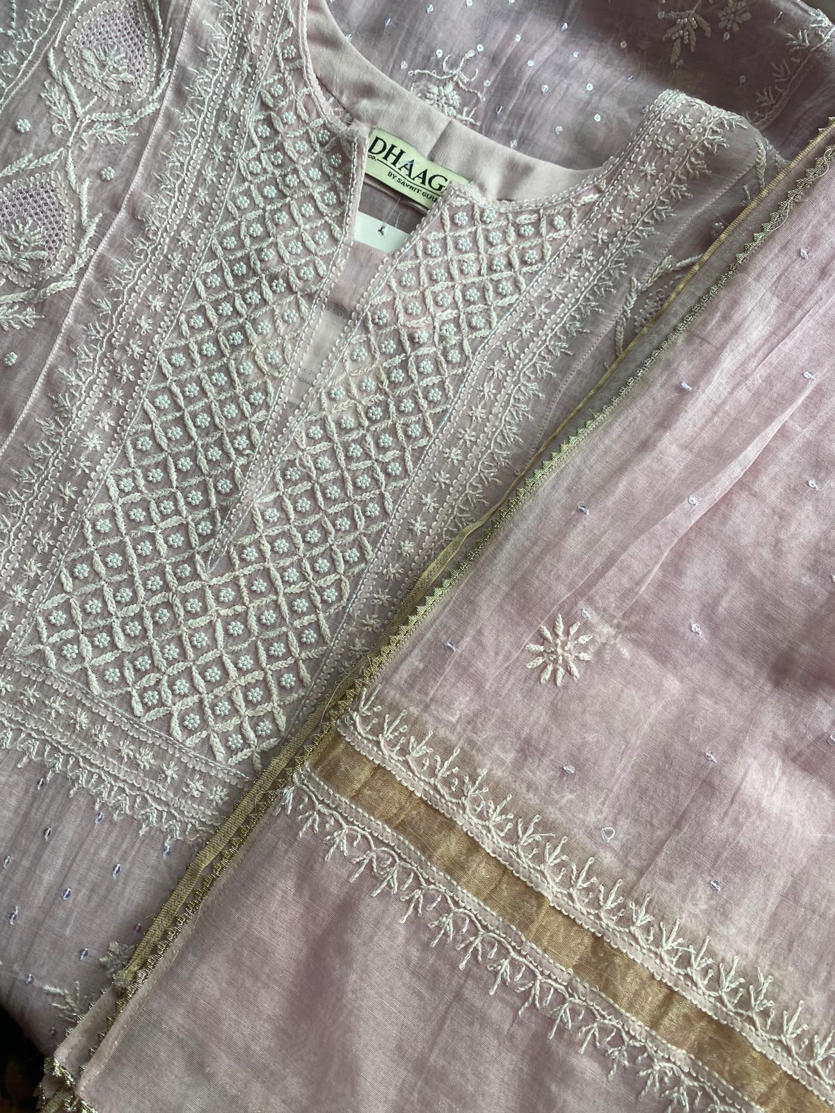 Pink Mul Chanderi Kurta Set with Beads and Sequins Work